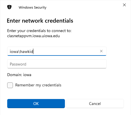 Enter network credentials pop up for connecting to a network drive